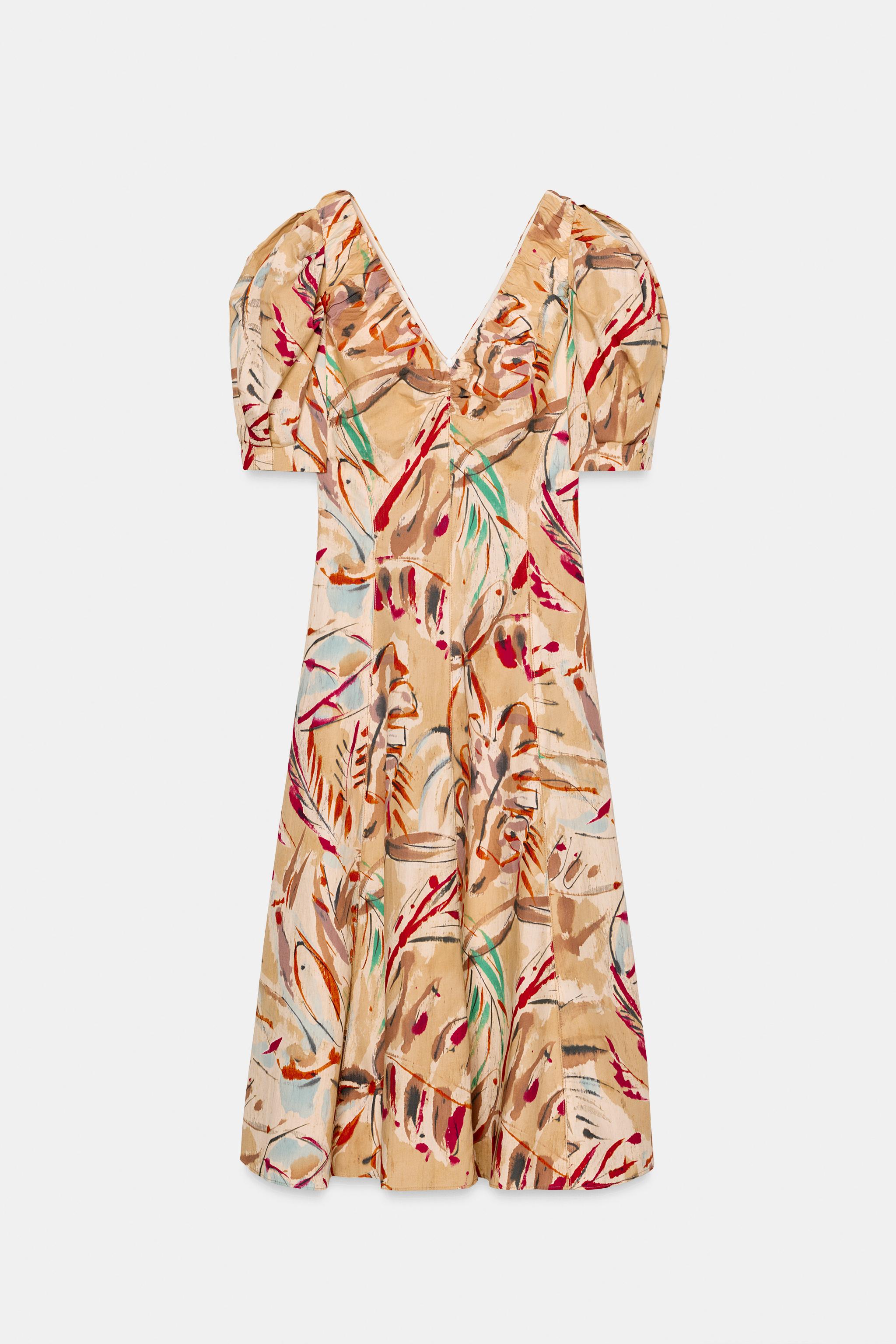 BALLOON SLEEVE PRINTED MIDI DRESS